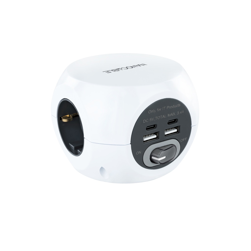 Base de 3 enchufes con 4 USB's (2 USB A + 2 USB-C), con interruptor