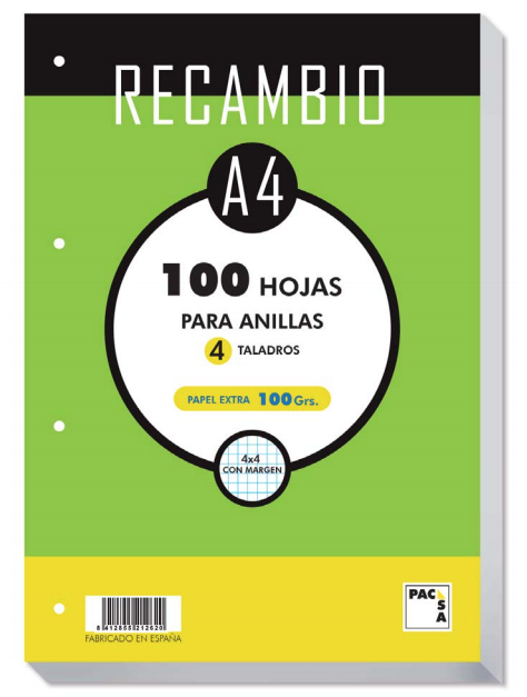 RECAMBIO A4 100H 4 TALADROS 100G CUAD.4X4 C/M PACSA
