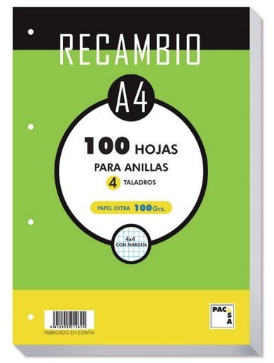 [21.050] RECAMBIO A4 100H 4 TALADROS 100G CUAD.4X4 C/M PACSA