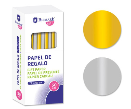 PAPEL DE REGALO LISO ORO/PLATA 70X200 BISMARK 330276