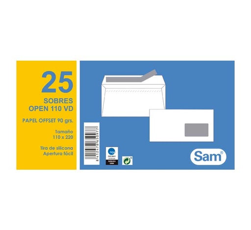 [PQ.25 OPEN 110 VD] PAQ.25 SOBRES SAM 115X225 AUTODEX +V.DCHA BL.