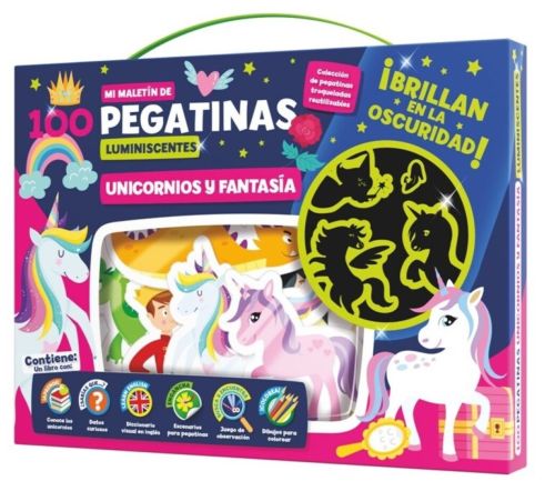 MALETIN 100 PEGATINAS LUMINISCENTES UNICORNIOS Y FANTASIA