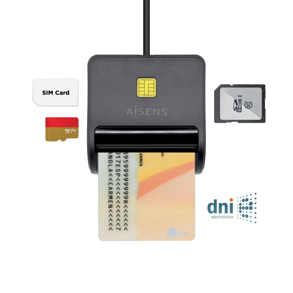 Lector de Tarjeta Inteligente DNI con Lector de Tarjetas SIM, SD, Micro SD, MMC, RS-MMC, MMC Micro, Negro