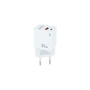 Cargador de Pared GaN USB-C/PD + USB-A/QC 30W, Blanco