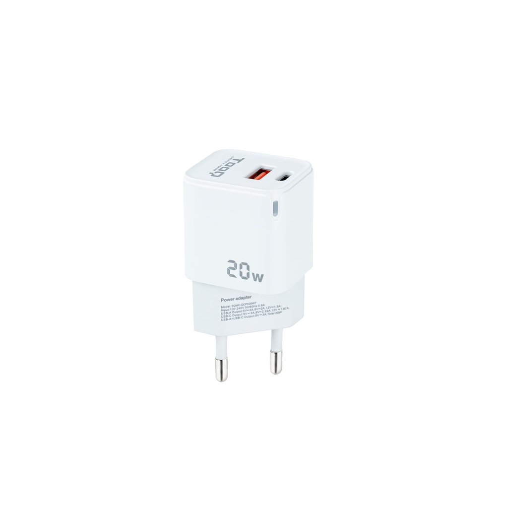Cargador de Pared USB-C/PD + USB-A/QC 20W, Blanco