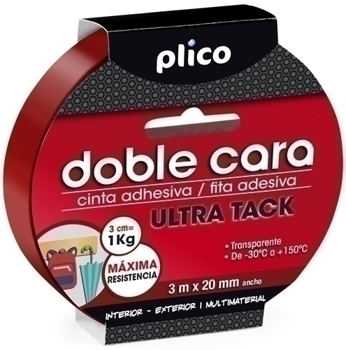 PLICO CINTA ADHESIVA TRANSPARENTE DOBLE CARA ULTRA TACK MULTIMATERIALES ROLLO 20MM X 3M