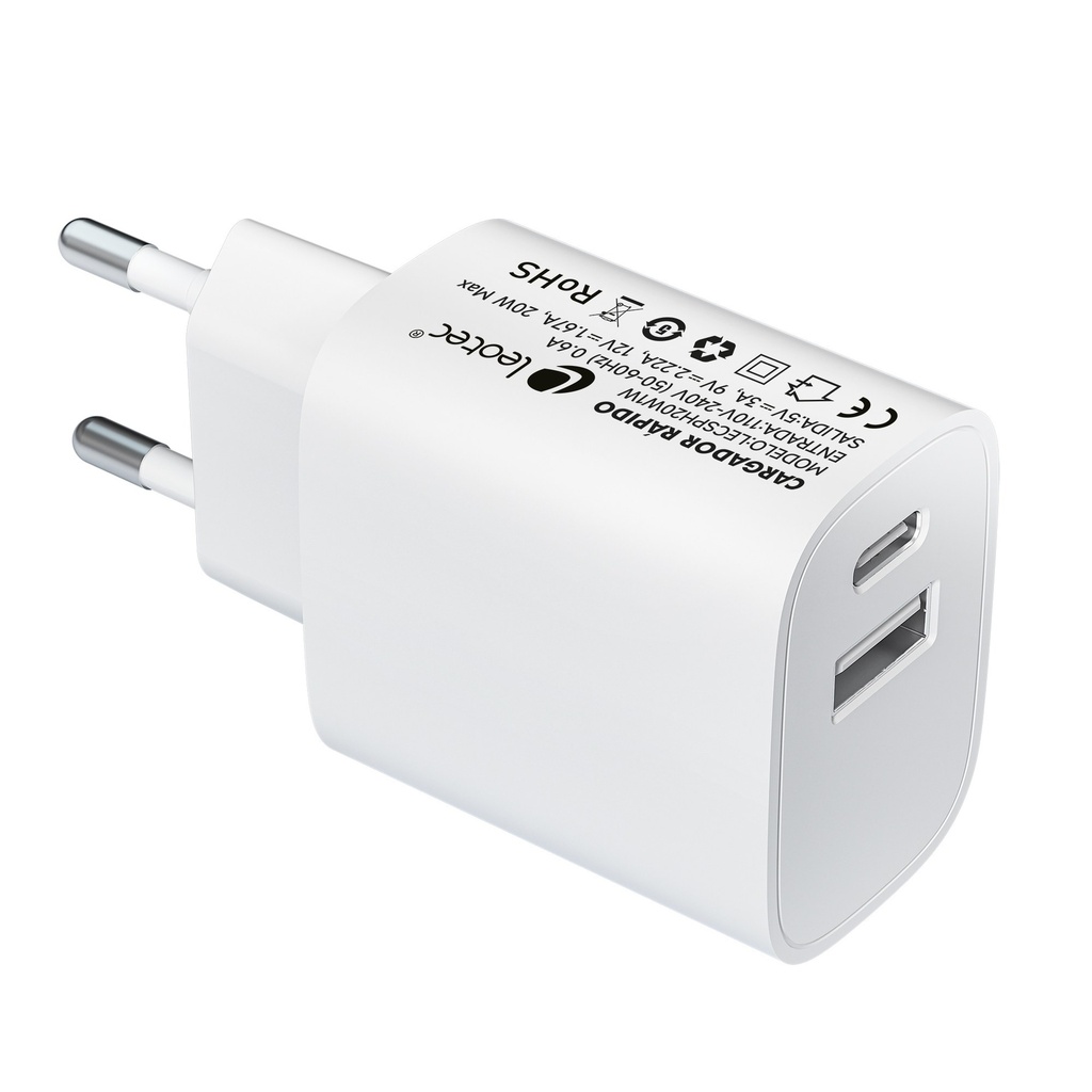 Cargador 20W 1xUSB-C PD + 1x USB-A Blanco