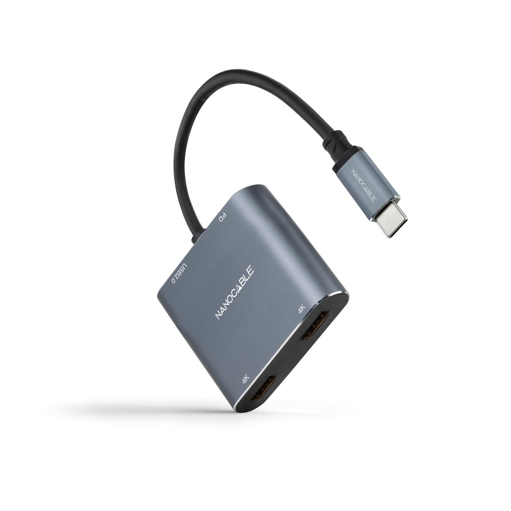 Conversor USB-C a 2xHDMI/USB2.0/PD, 15 cm, Gris