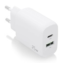 Cargador 25W, 1xUSB-C PD3.0, 1xUSB-A QC3.0, Blanco