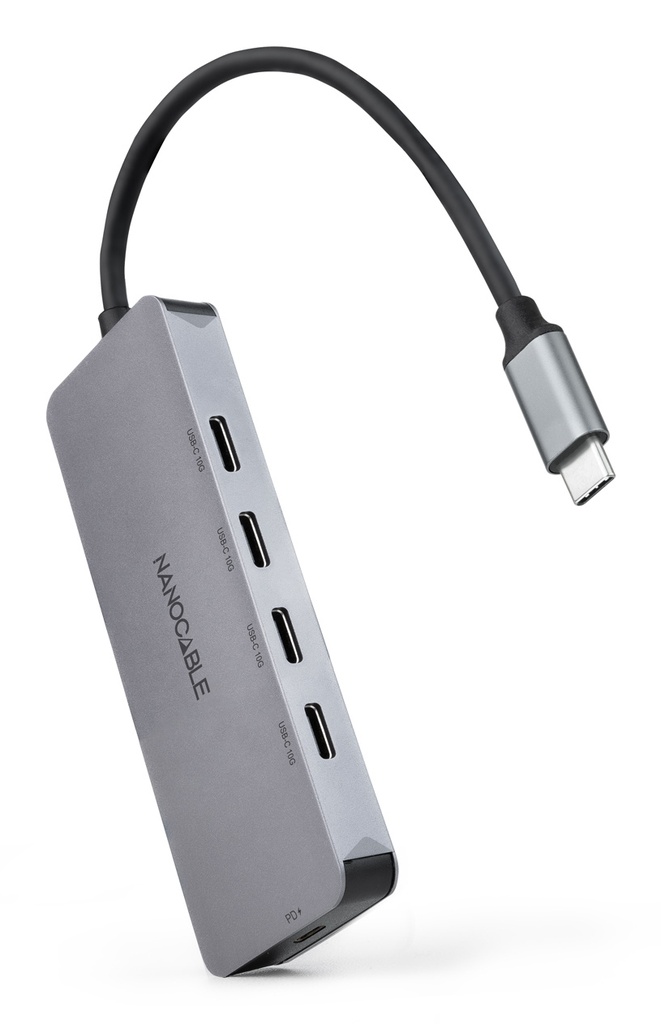 Hub USB-C macho a 4 x USB-C hembra + USB-C PD 100W, Aluminio 10 cm, Gris