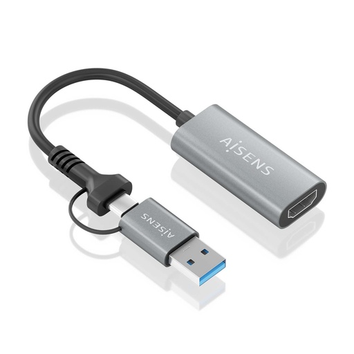 [A109-0913] Conversor Aluminio USB-A+USB-C A HDMI 1080P@60Hz, USB-A/M+USB-C/M-HDMI/H, Gris, 15cm
