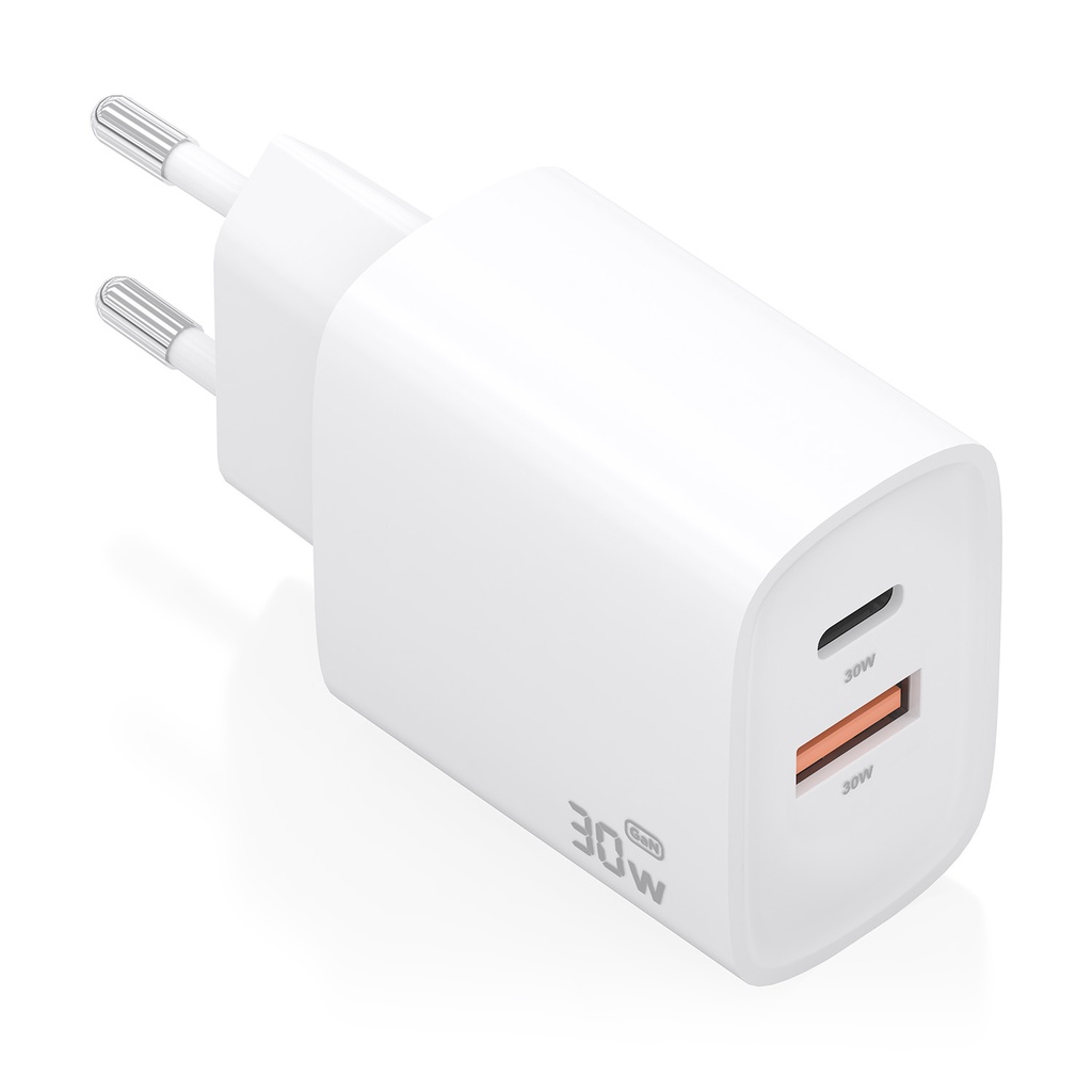 Cargador GaN 30W, 1xUSB-C PD3.0 QC4.0, 1xUSB-A QC3.0, Blanco