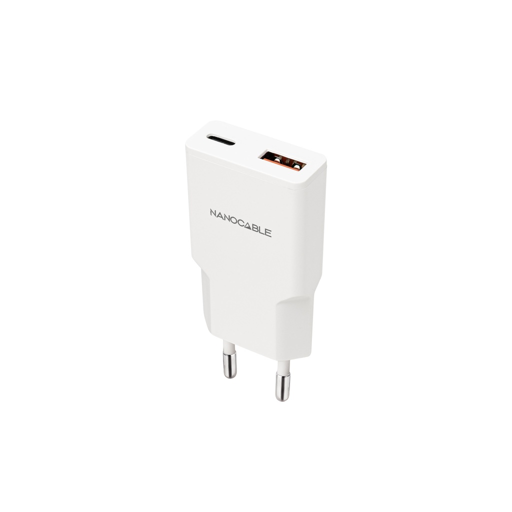 Cargador USB-C/PD 25W + USB-A/QC 25W, Blanco