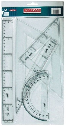 [942901] Conjunto dibujo escolar transparente Safta, regla 30 cm, escuadra y cartabón 25 cm, semicirculo 15 cm.