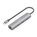 Dock USB-C A Ethernet Gigabit + Hub 3xUSB-C, Gris, 15cm