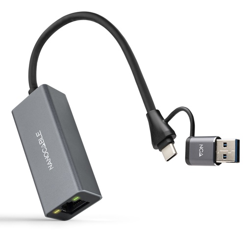 [10.03.0411] Conversor USB-C+USB-A/M 3.0 a Ethernet, Aluminio, Gris, 15 cm