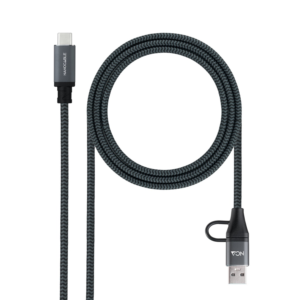 Cable USB 3.2 Gen2x2 20Gbps 5A/100W, USB-C+USB-A/M a USB-C/M, Gris/Negro, 2m