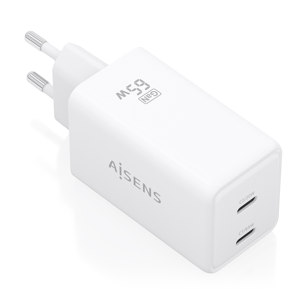 Cargador GaN 65W, 2xUSB-C PD3.0 QC4.0, Blanco