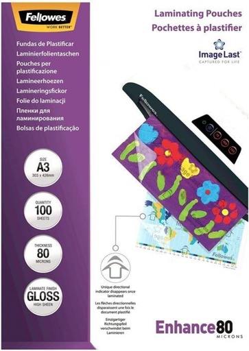 PACK 100 FUNDAS PLASTIFICAR A3 80 MICRAS BRILLO FELLOWES